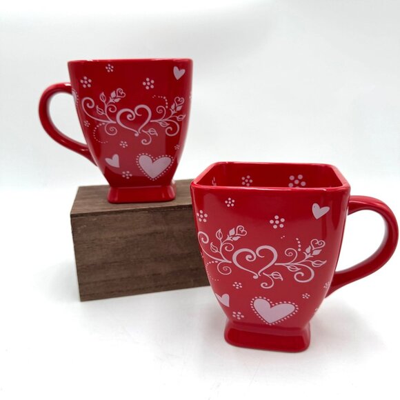 Temp-tations by Tara Seasonal Red White Floral Lace Hearts Squared Mug 18 oz - Picture 7 of 9